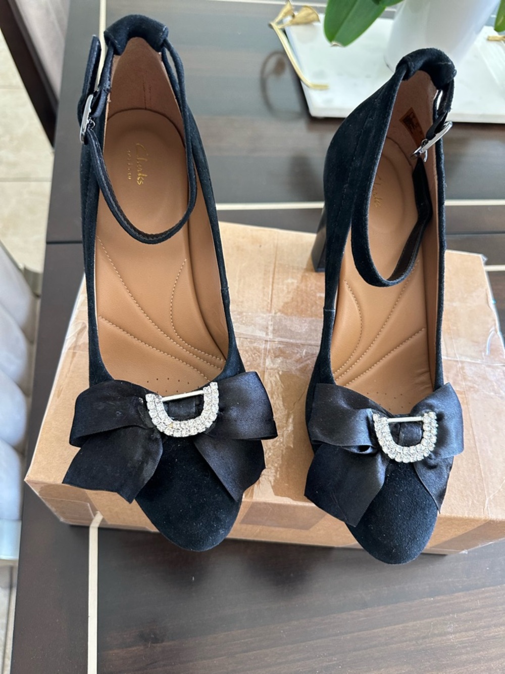 Clarks Black Suede Bow Heel with Rhinestone Buckle